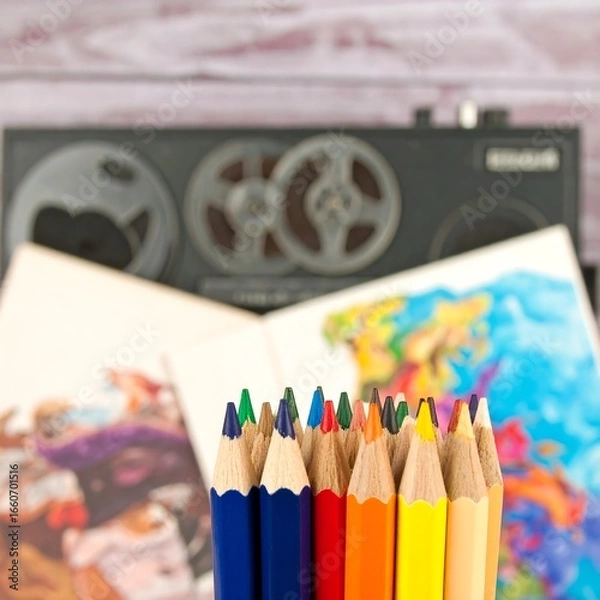 Fototapeta Colored pencils and a record player