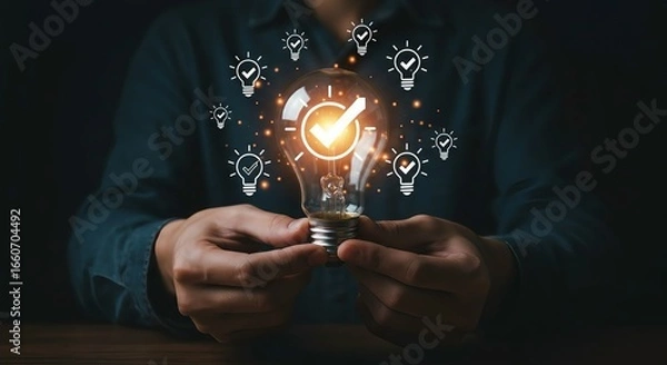Obraz Creative Innovation and Successful Idea Generation with Glowing Light Bulb Checkmark Symbol in Dark Background for Brainstorming and Problem Solving Concepts