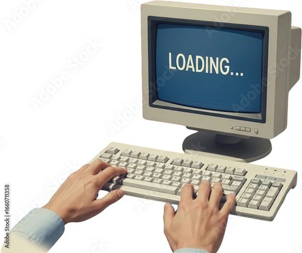 Fototapeta Person's hands typing on a vintage computer keyboard with screen displaying LOADING text collage art transparent background