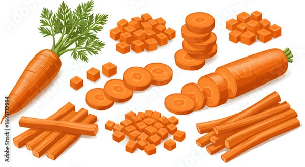 Fototapeta High-quality vector PNG illustrations of whole carrots, diced carrots, sliced carrots, and carrot sticks, perfect for culinary websites, healthy food blogs, and cookbook designs.