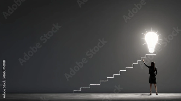 Fototapeta Person in business suit stands on staircase leading to glowing light bulb, symbolizing ideas and innovation. scene conveys motivation and pursuit of success