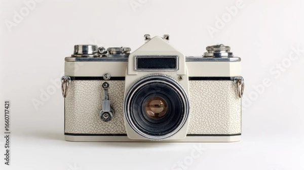Fototapeta Detailed Close Up Of A Vintage Cream Colored Analog Camera On A White Background Retro Photography Equipment With Metal Parts And Textured Surface