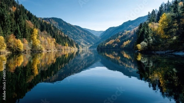 Obraz mountain lake reflection on white background