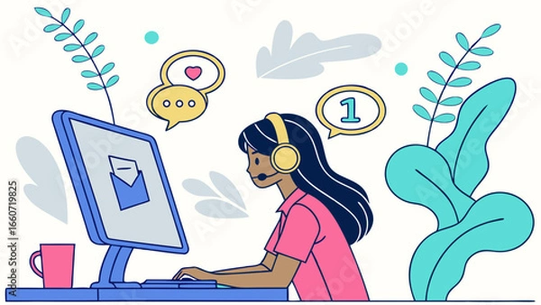 Fototapeta Customer service agent with headset using computer.