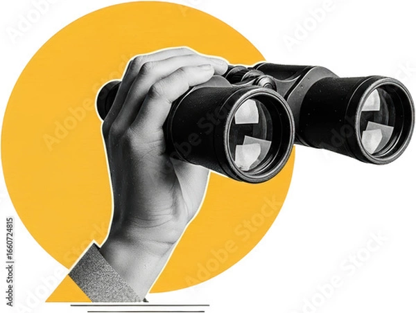 Fototapeta Hand Holding Binoculars Isolated Graphic Element With Yellow Circle Transparent Background For Isolate Collage