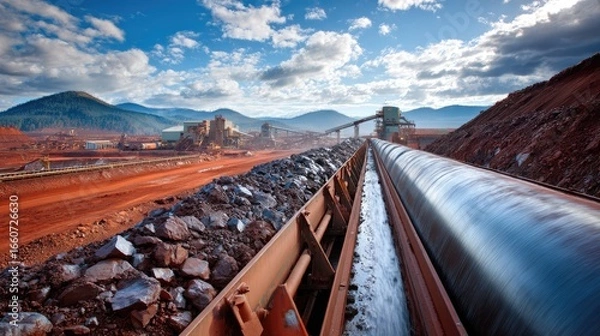 Fototapeta Vast Open Pit Mining Operation Ore Conveyor Belt System Against A Dramatic Mountain Landscape Under A Blue Sky
