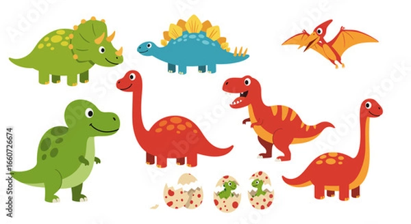 Fototapeta A Diverse Collection of Cartoon Dinosaurs and Their Eggs Displayed in a Playful Arrangement for Educational and Entertainment Purposes
