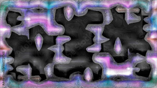 Fototapeta Distorted shapes with vibrant purple, pink, and teal hues create an abstract, textured background on a dark canvas. Digitally generated image.