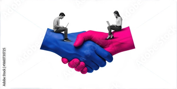 Fototapeta Two people on laptops sit on giant blue and pink hands shaking isolate collage art partnership business