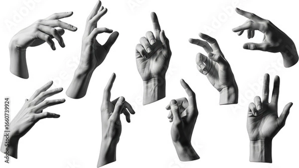 Fototapeta Collection of nine distinct human hands showing various gestures and finger positions isolated with collage