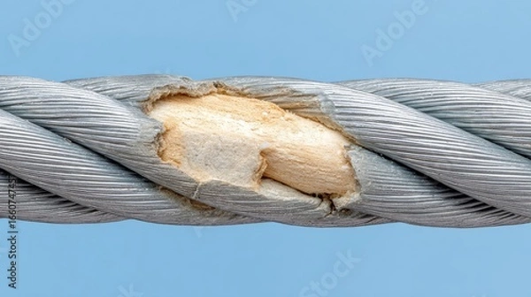 Fototapeta Close-up of a twisted metal rope with a ripped-open section revealing a light-beige core