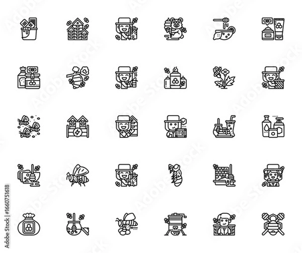 Obraz Apiary icon set. Beekeeping vector illustrations. Includes symbols for beekeeper, honey, beehive, beeswax, smoker, hive tool, honey dipper and more.