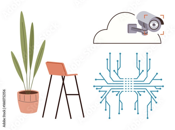 Fototapeta Tall green plant in pot, orange chair, cloud-linked surveillance camera, and networked circuit pattern. Ideal for workspace, technology, cybersecurity, smart systems, innovation connection