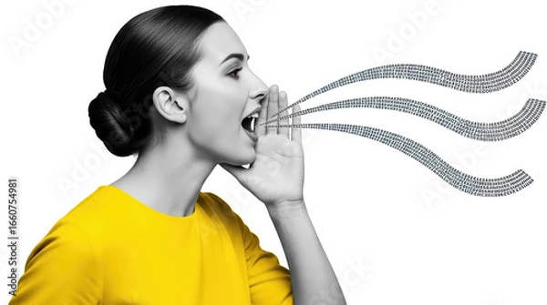 Fototapeta Young woman shouting stream of binary code emerging from mouth isolate collage art Data Communication