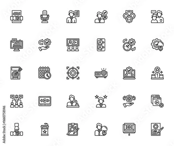 Obraz Presentations icon set. Business vector illustrations. Features symbols for meeting, video conference, management, strategy, collaboration, presentation and more. Editable vector.