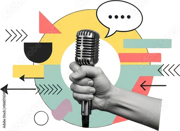 Fototapeta Hand holding vintage microphone amidst abstract shapes and speech bubble isolate collage art transparent background
