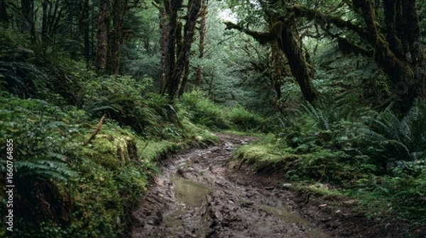 Fototapeta Muddy path through lush forest