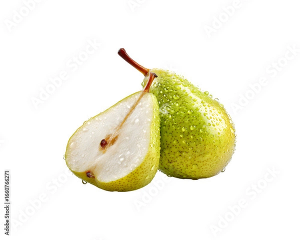 Fototapeta Fresh pear fruit with a sliced half and water droplets