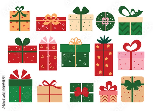 Fototapeta Christmas Gift box elements clipart set. Colorful printed and pattern flat Gift boxes elements clip art collection with cute ribbon bow tie style for xmas prize and surprise party decoration vector 