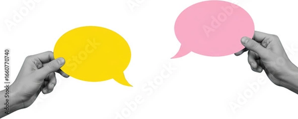 Fototapeta Two Hands Holding Colorful Speech Bubbles Against A Transparent Background Isolate Collage Art Talk Communication