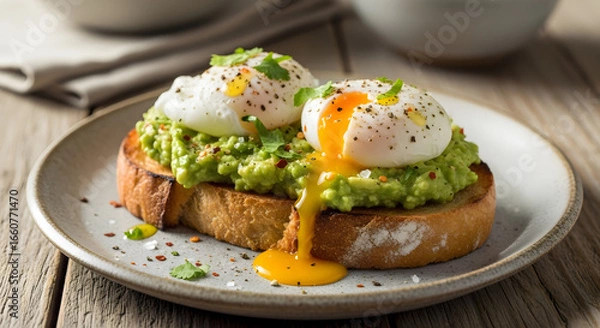 Fototapeta Gourmet avocado toast featuring perfectly poached eggs with runny yolks, seasoned with microgreens and a sprinkle of spices, set against a rustic wooden backdrop offering a delightful breakfast or