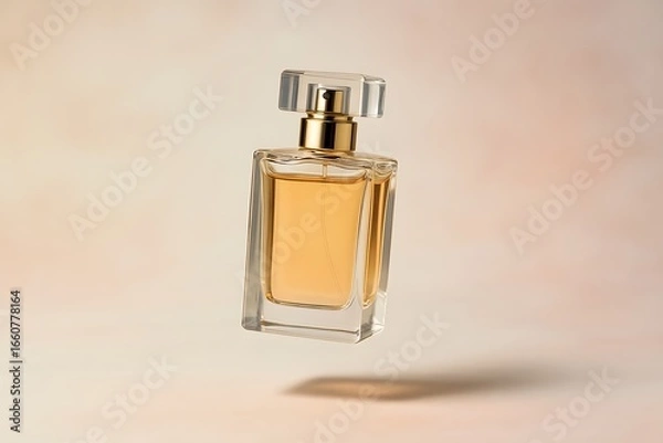 Fototapeta Elegant Clear Glass Perfume Bottle with Gold Accents on Soft Neutral Background