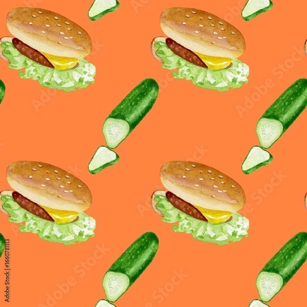 Fototapeta Seamless pattern made with watercolors of hamburgers and cucumbers on an orange background. For coloring wrapping paper, wallpaper, fabric and much more.
