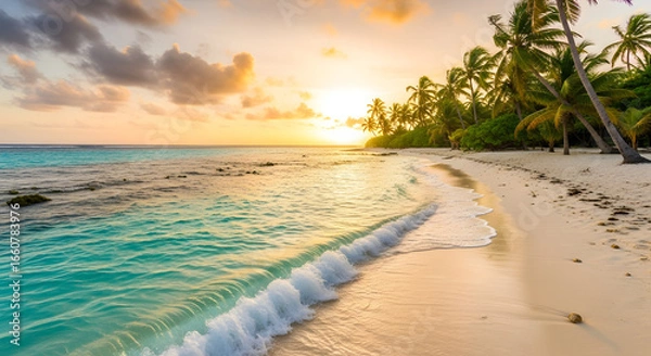 Fototapeta Tropical Beach Serenity: Azure Waters and Golden Sunset Illuminate a Pristine Coastal Paradise Framed by Lush Palm Trees Offering a Tranquil Escape