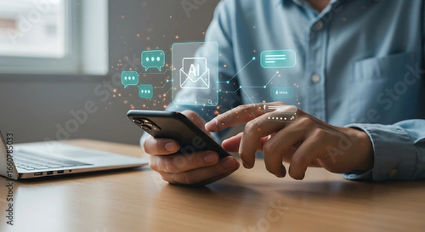 Fototapeta Human AI Communication and Digital Interaction with Generative Artificial Intelligence on a Mobile Phone