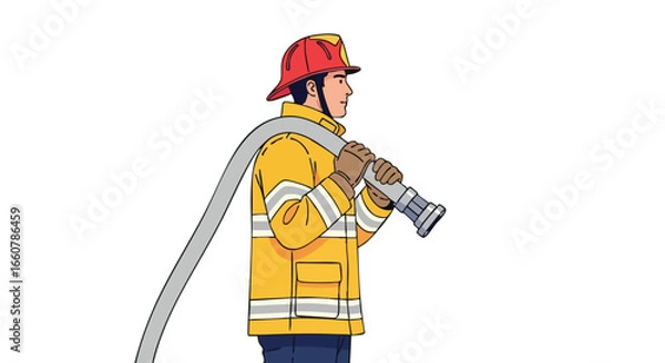 Fototapeta Brave firefighter carrying a hose stands ready to battle the flames and protect the community from danger with determination and courage
