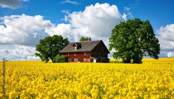 Fototapeta Rustic house in a vibrant rapeseed field