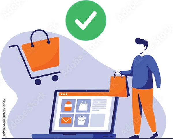 Obraz Online shopping illustration: a man holds a bag next to a laptop with a shopping cart and a green checkmark.