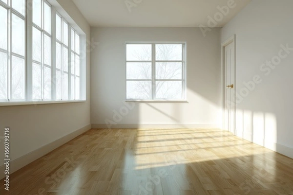 Fototapeta Bright and airy empty room with large windows and wooden floor, suitable for interior design and home decor.