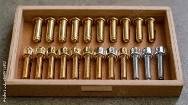 Fototapeta Collection of Gold and Silver Bolts in Wooden Box for Hardware and DIY Projects, Perfect for Construction Needs