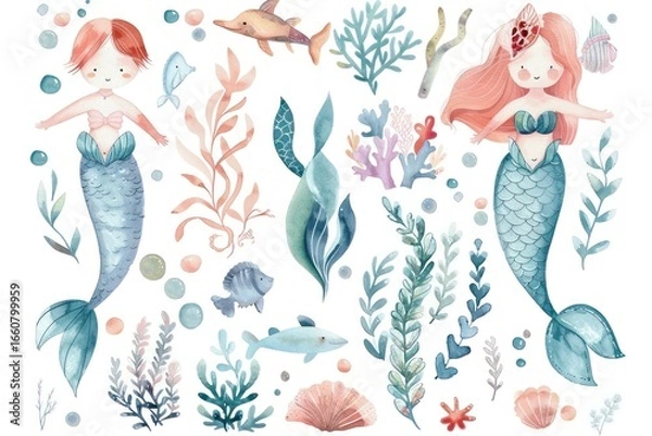 Fototapeta watercolor style of cute cartoon mermaids with seahorse, fishes and sea plants on white background