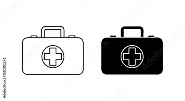 Fototapeta Single vector icon of a first aid kit | Includes a thin line art version next to a matching silhouette version Minimal, clean, monochrome, isolated on white background, flat vector style