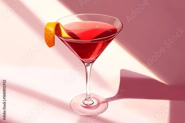 Obraz Red cocktail in martini glass with orange garnish-Elegant red cocktail served in a martini glass with an orange slice garnish, perfect for bar menus, celebrations, and drink concepts.