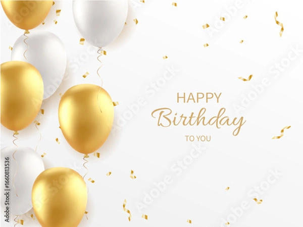 Fototapeta Elegant Birthday Celebration Scene with Gold and White Balloons, Confetti, and Stylish ‘Happy Birthday to You’ Text on a Clean White Background