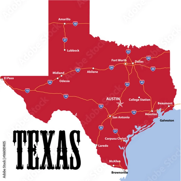 Obraz Texas Boundary Map Colour Including Main Highways