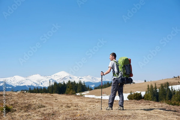 Fototapeta Rearview of an adventurous man with hiking equipment using trekking sticks while walking the mountain copyspace travelling adventure nature landscape sport activity