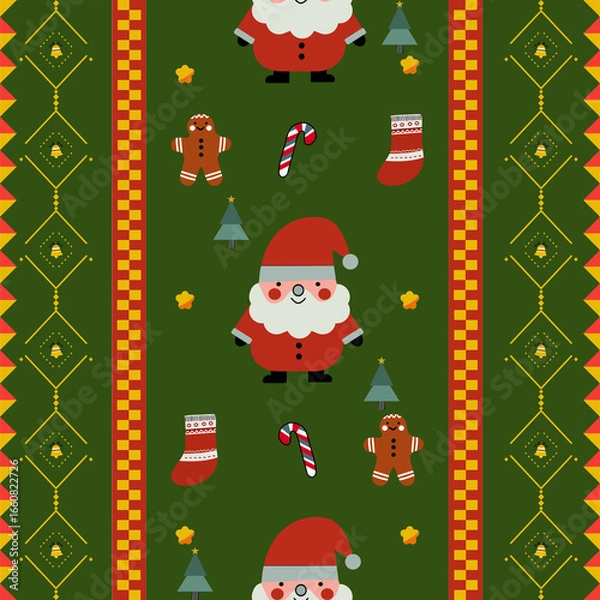 Fototapeta Cute seamless Christmas pattern featuring Santa Claus, gifts, candy canes, gingerbread, and trees on green background in festive colors. Perfect for holiday textiles and wrapping paper.