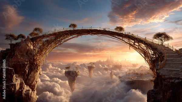 Fototapeta Golden vine bridge arches over a cloudscape, leading to a distant city in a fantasy environment.