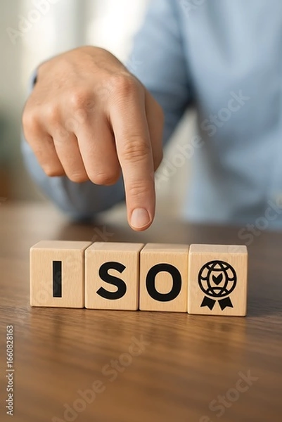 Fototapeta Hand points to wooden blocks spelling 'ISO' with an international quality standard symbol