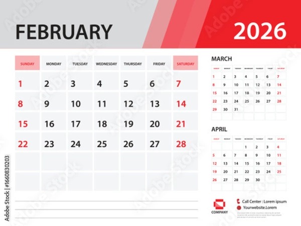Fototapeta Calendar 2026 template - February 2026 year, Desk Calendar 2026 template, Week Start On Sunday, Wall calendar design, Planner layout, Stationery, Poster, printing media, Red background vector