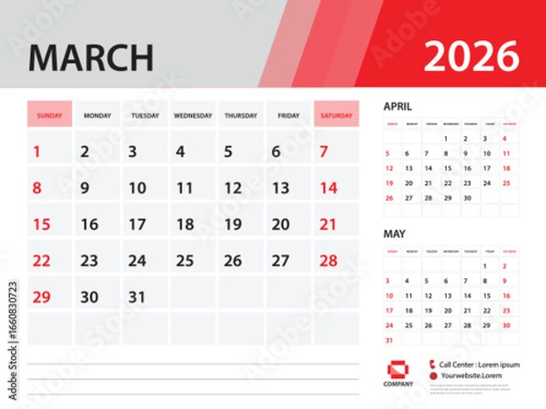 Fototapeta Calendar 2026 template - March 2026 year, Desk Calendar 2026 template, Week Start On Sunday, Wall calendar design, Planner layout, Stationery, Poster, printing media, Red background vector
