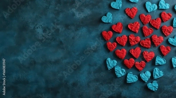 Fototapeta Creative arrangement of red and blue heart-shaped candies scattered on dark textured surface forming a romantic heart shape for love or Valentine's Day theme