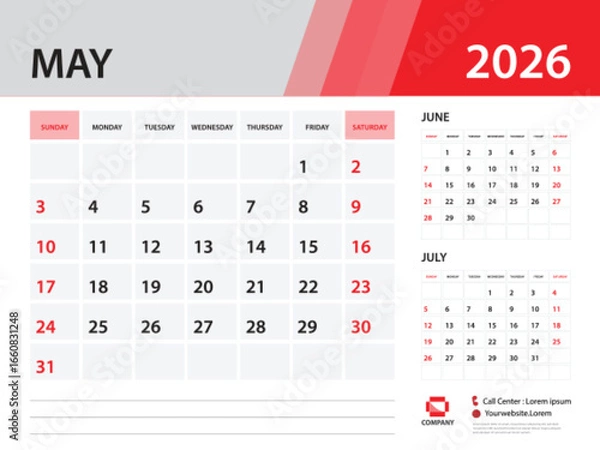 Fototapeta Calendar 2026 template - May  2026 year, Desk Calendar 2026 template, Week Start On Sunday, Wall calendar design, Planner layout, Stationery, Poster, printing media, Red background vector