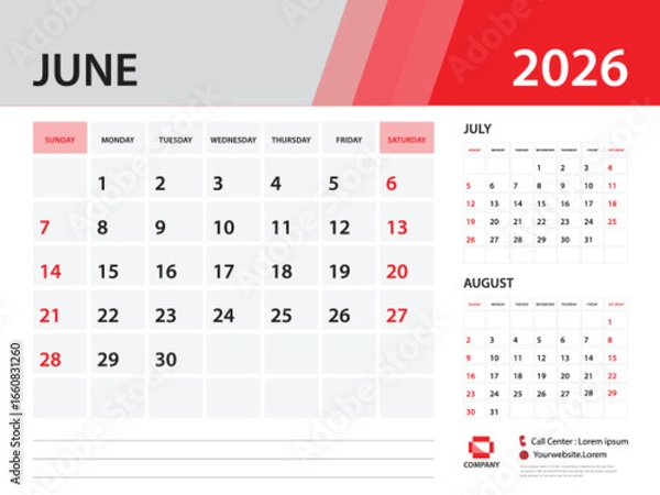 Fototapeta Calendar 2026 template - June 2026 year, Desk Calendar 2026 template, Week Start On Sunday, Wall calendar design, Planner layout, Stationery, Poster, printing media, Red background vector