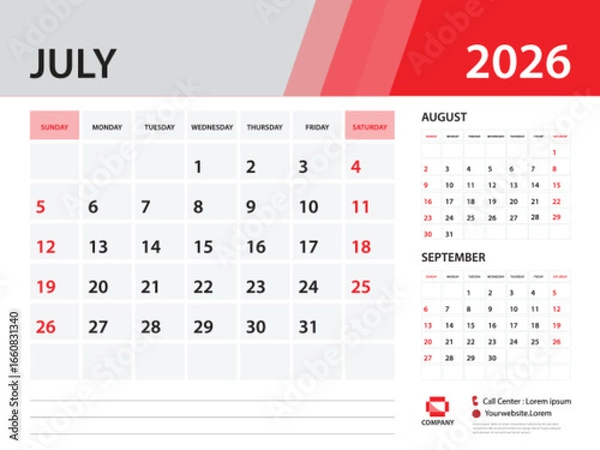 Fototapeta Calendar 2026 template - July 2026 year, Desk Calendar 2026 template, Week Start On Sunday, Wall calendar design, Planner layout, Stationery, Poster, printing media, Red background vector