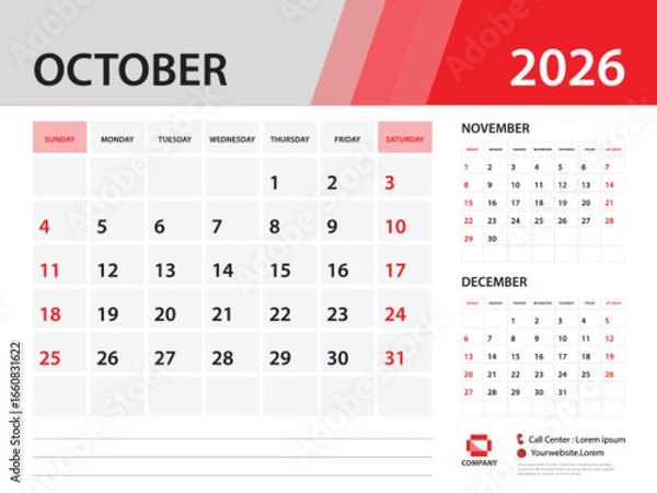 Fototapeta Calendar 2026 template - October 2026 year, Desk Calendar 2026 template, Week Start On Sunday, Wall calendar design, Planner layout, Stationery, Poster, printing media, Red background vector
